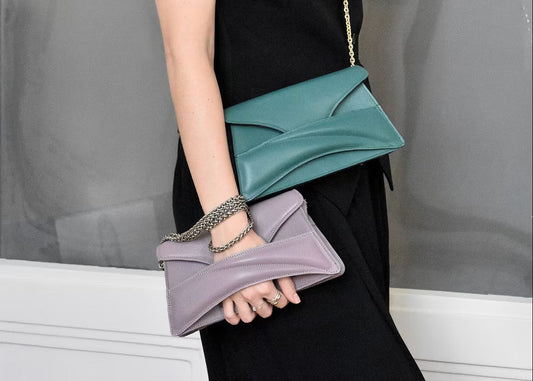 lindasieto sculptural jade green and lilac leather Link Bags, clutch to shoulder bags on chains, budapest designer shopping, fashion pop up stores