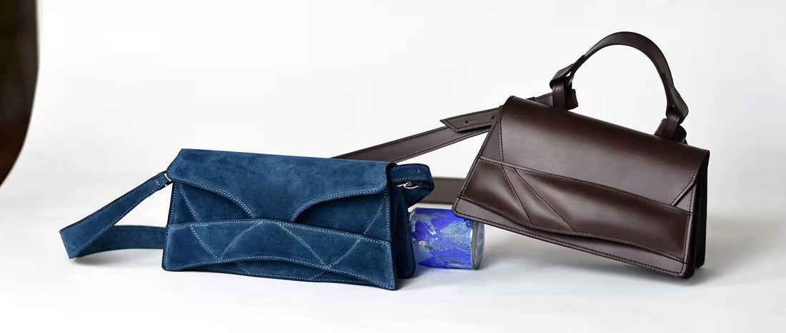 lindasieto sculptural organic leather azure blue suede Enigmatic Heart Bag, dark chocolate brown Mini Balance Bags in art piece installation, 2026 spring designer shopping Budapest