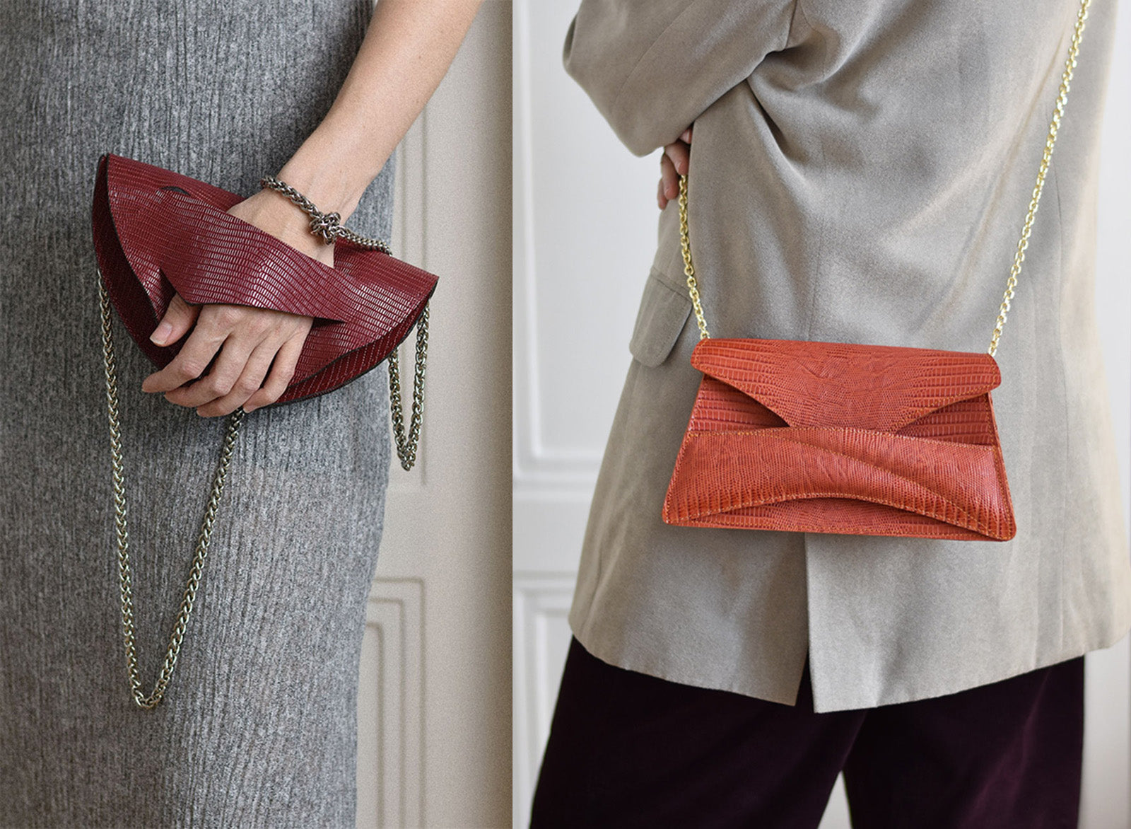 bordó narancs piros variálható magyar designer bőr táska. Dark red burnt orange leather clutch to shoulder bags with unique wrist strap