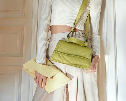 lindasieto balance clutch bag magyar designer sárga bőr boriték táska és lime zöld crossbody válltáska