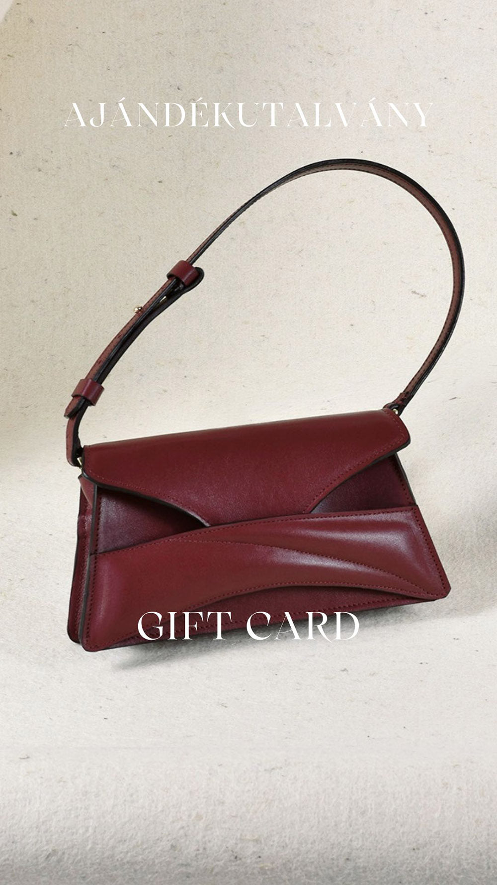 Ajándékutalvány magyar designer bőr pénztárca, kártyatartó, boríték-válltáska, monogram, személyes felirat, iparművész tervező. Gift Cards for wallets to unique wrist strap leather or plant-based clutches, seen on Vogue, crossbody bags by Budapest based slow fashion brand. Personalized custom monogram/message on bags.