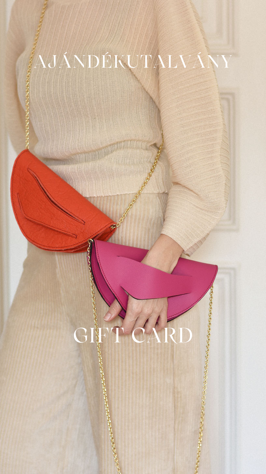 Ajándékutalvány magyar designer bőr pénztárca, kártyatartó, boríték-válltáska, monogram, személyes felirat, iparművész tervező. Gift Cards for wallets to unique wrist strap leather or plant-based clutches, seen on Vogue, crossbody bags by Budapest based slow fashion brand. Personalized custom monogram/message on bags.