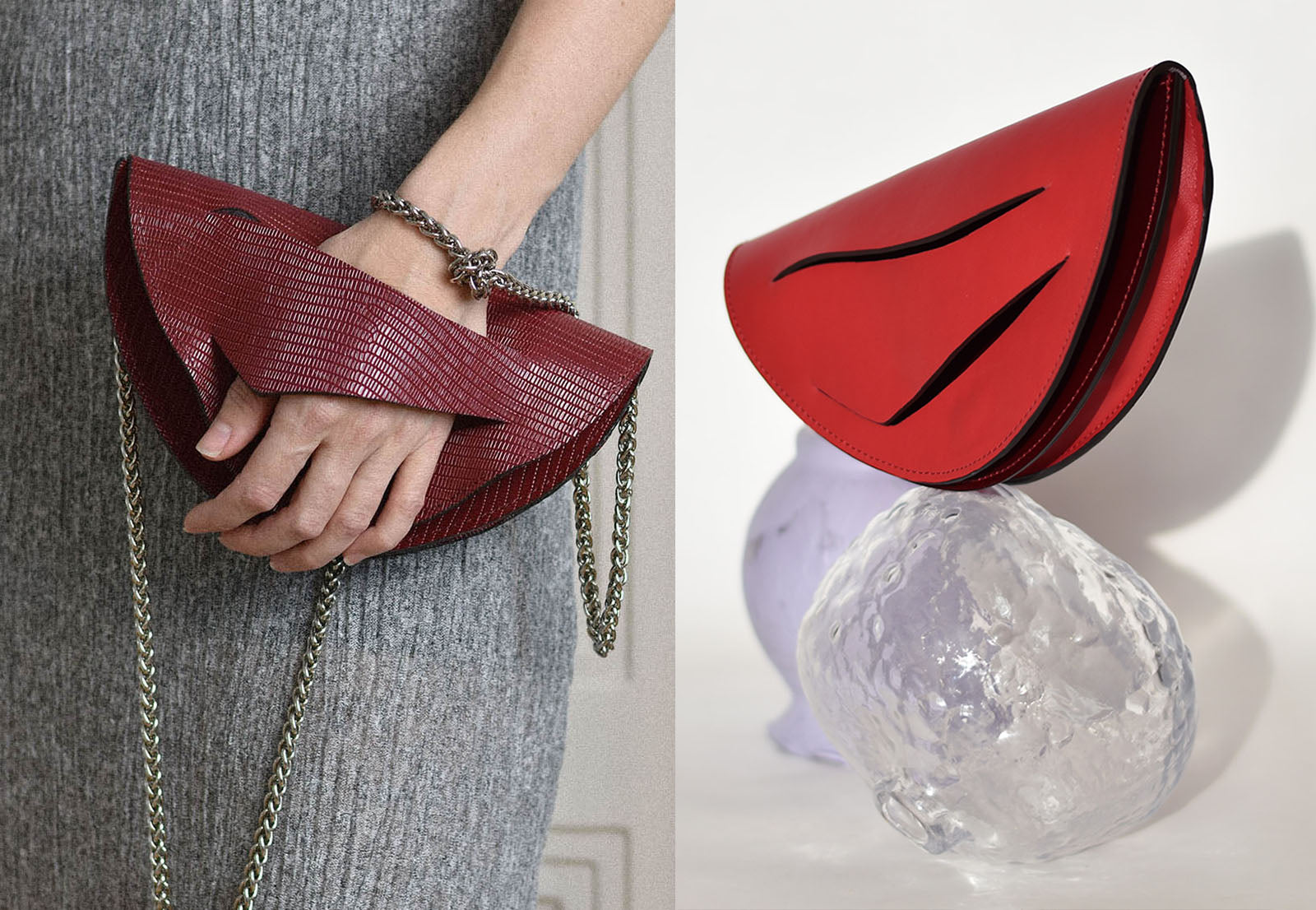 bordó piros magyar designer variálható bőr táska 2025 ősz dark red burgundy Italian textured leather multiway clutch to crossbody, unique wrist strap design, handpainted edgework by Budapest based artist