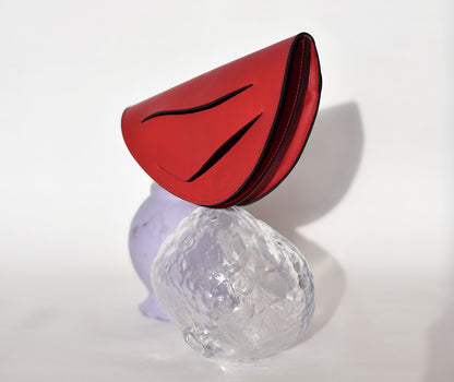 piros dune bag magyar designer bor taska lindasieto red leather halfmoon clutch to crossbody bag, unique wrist strap