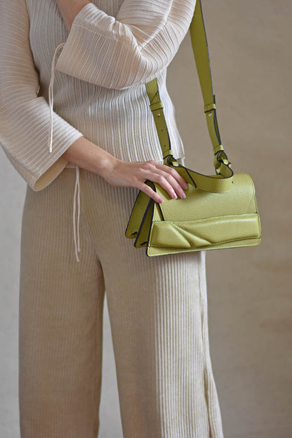 Timeless shoulder bag handcrafted from genuine Italian leather, custom colors, black, grey, lime green handbag, purse with unique wrist strap by Budapest, EU based designer. Zöld, választható színű bőr magyar designer táska, crossbody, magyar táska tervező márka, we love budapest, divat.